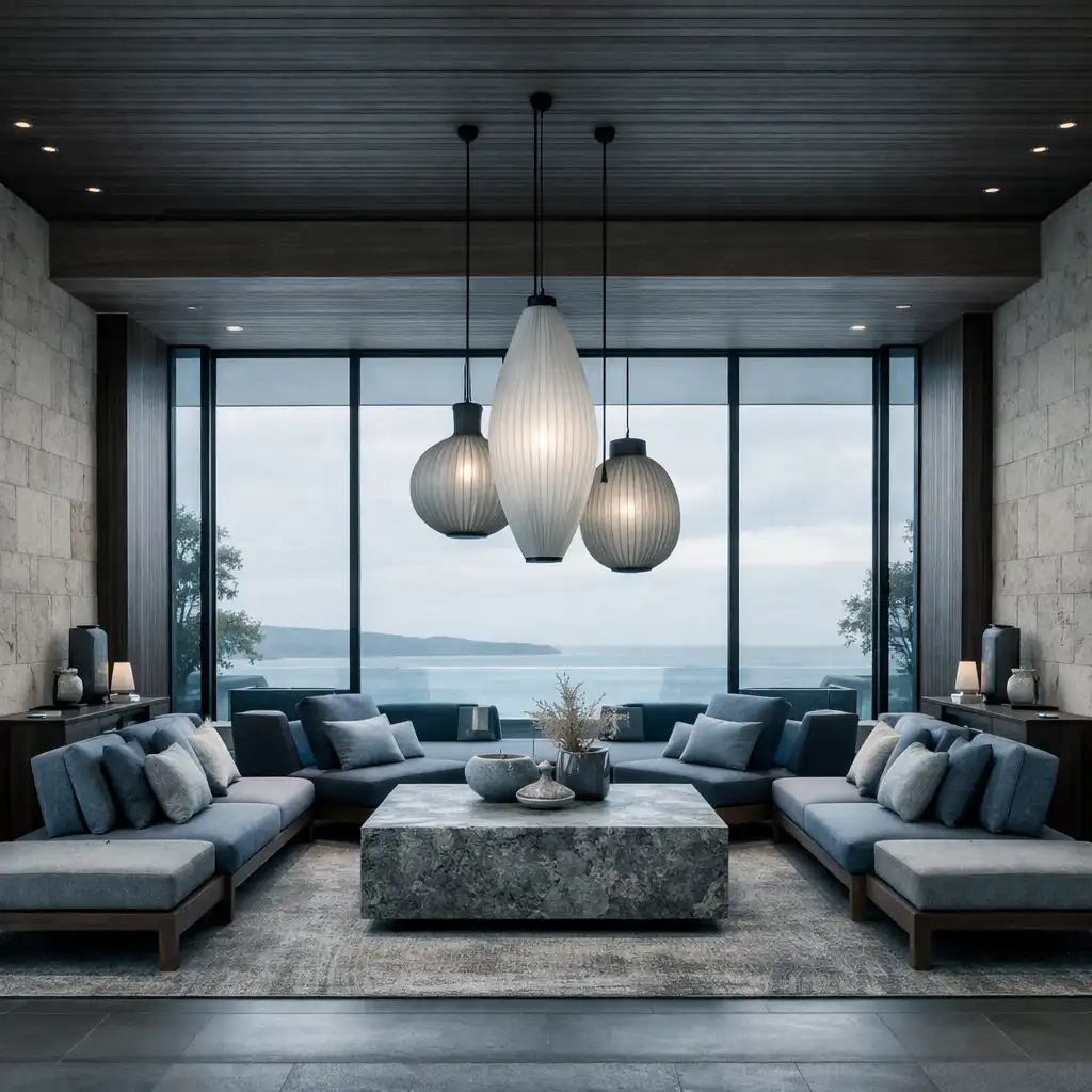 Contemporary hotel lobby lounge with limestone walls, dark timber accents, and floor-to-ceiling windows