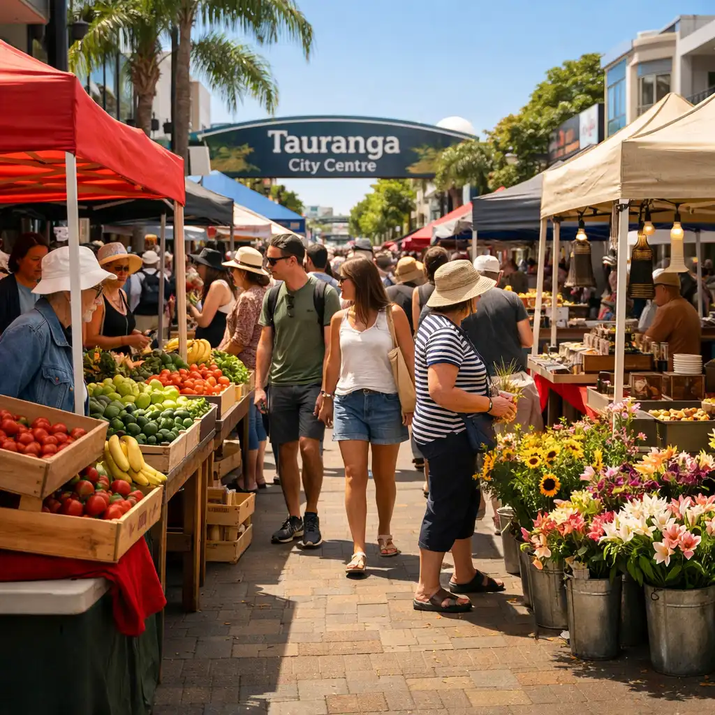 Bustling weekend market in Tauranga city centre with fresh produce and artisan stalls